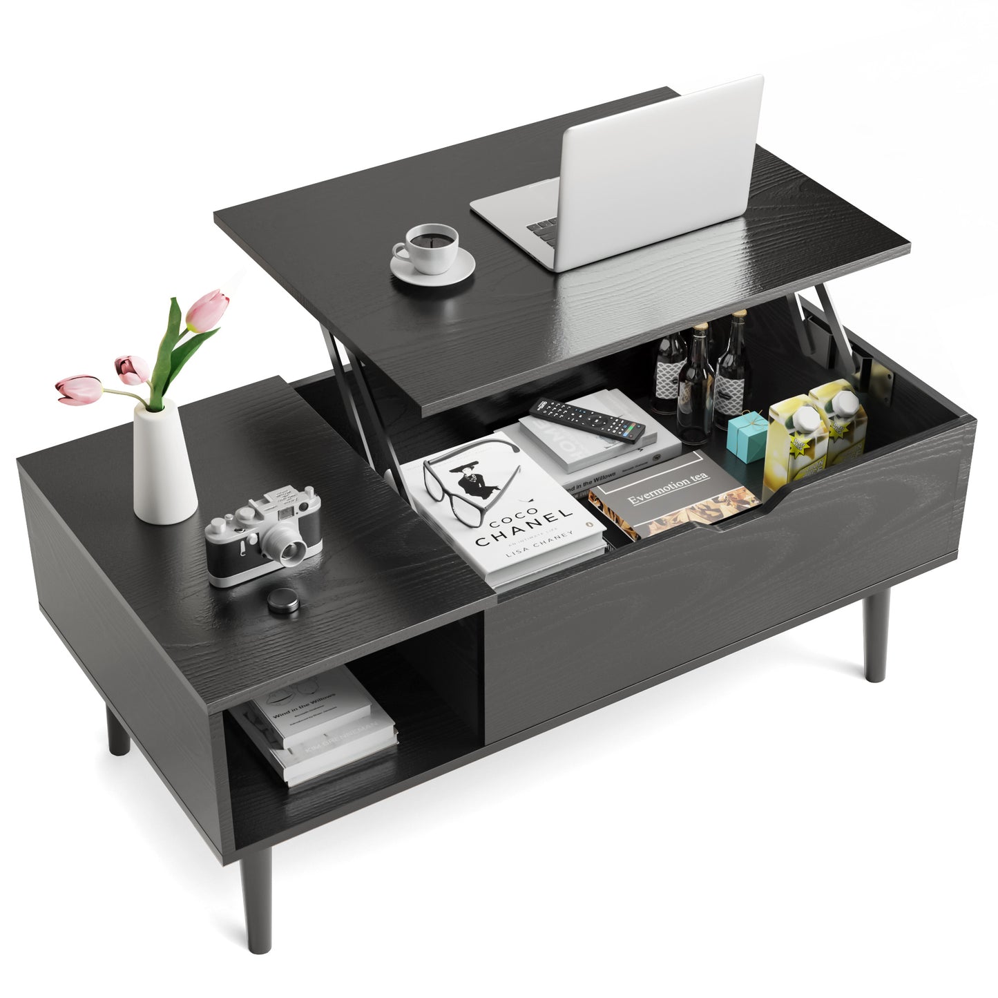 Lift-Top Coffee Table with Hidden Storage – Modern Living Room Table with Adjustable Workspace, Side Shelves & Solid Steel Mechanism (Black or Brown) | FRPURE
