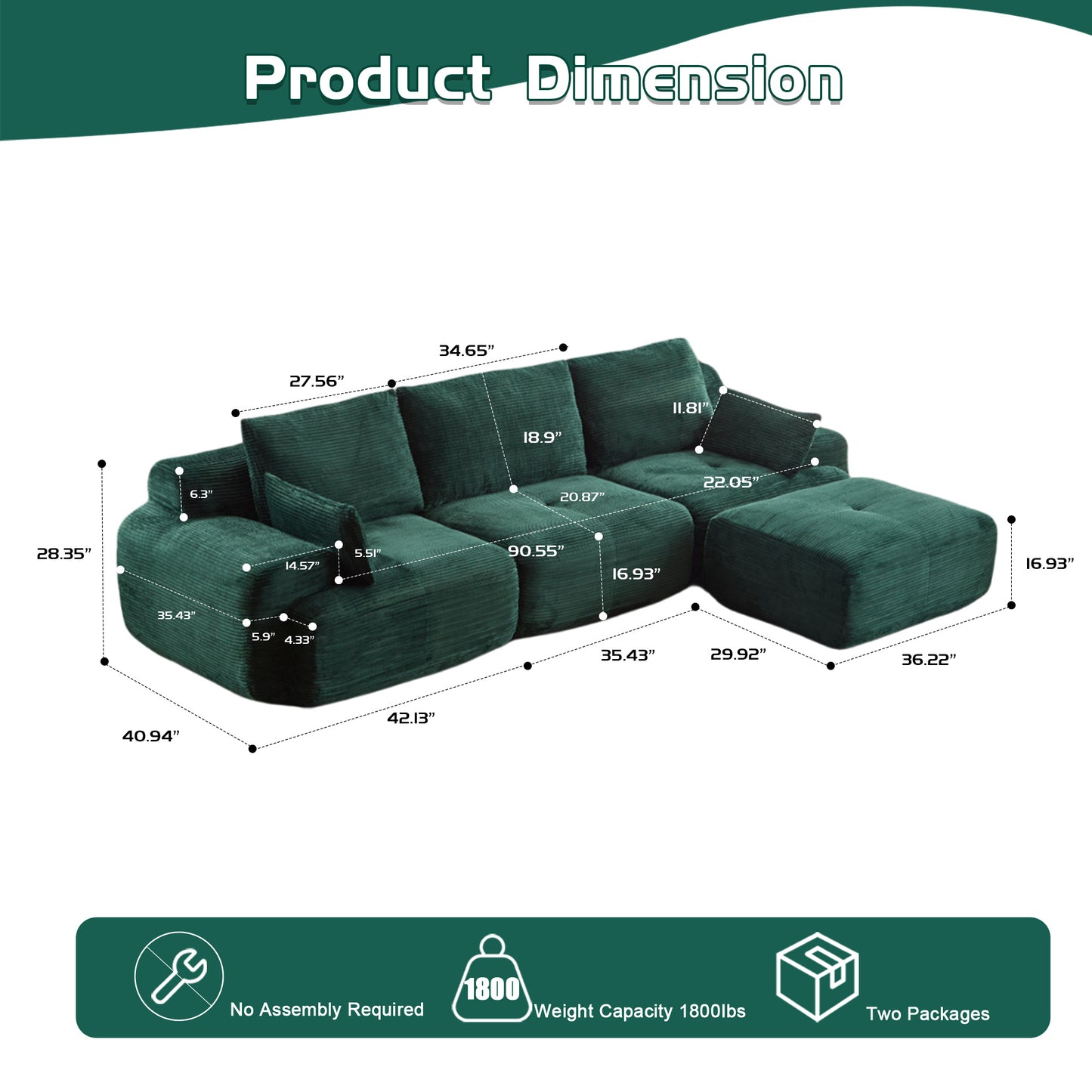 Green Cloud Modular Sectional Sofa Loveseat,No Assembly Required