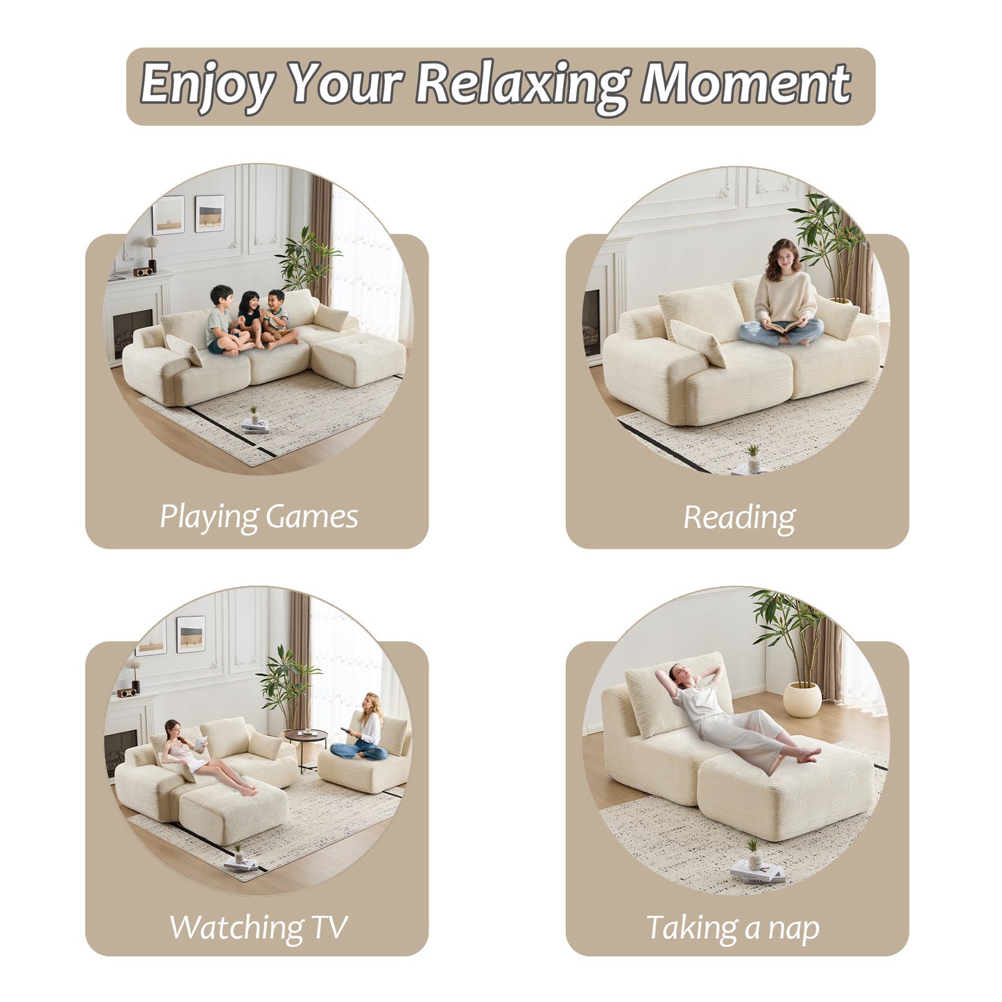 Beige Large Cloud Modular Sectional SofaExtra Deep Loveseat No Assembly Require