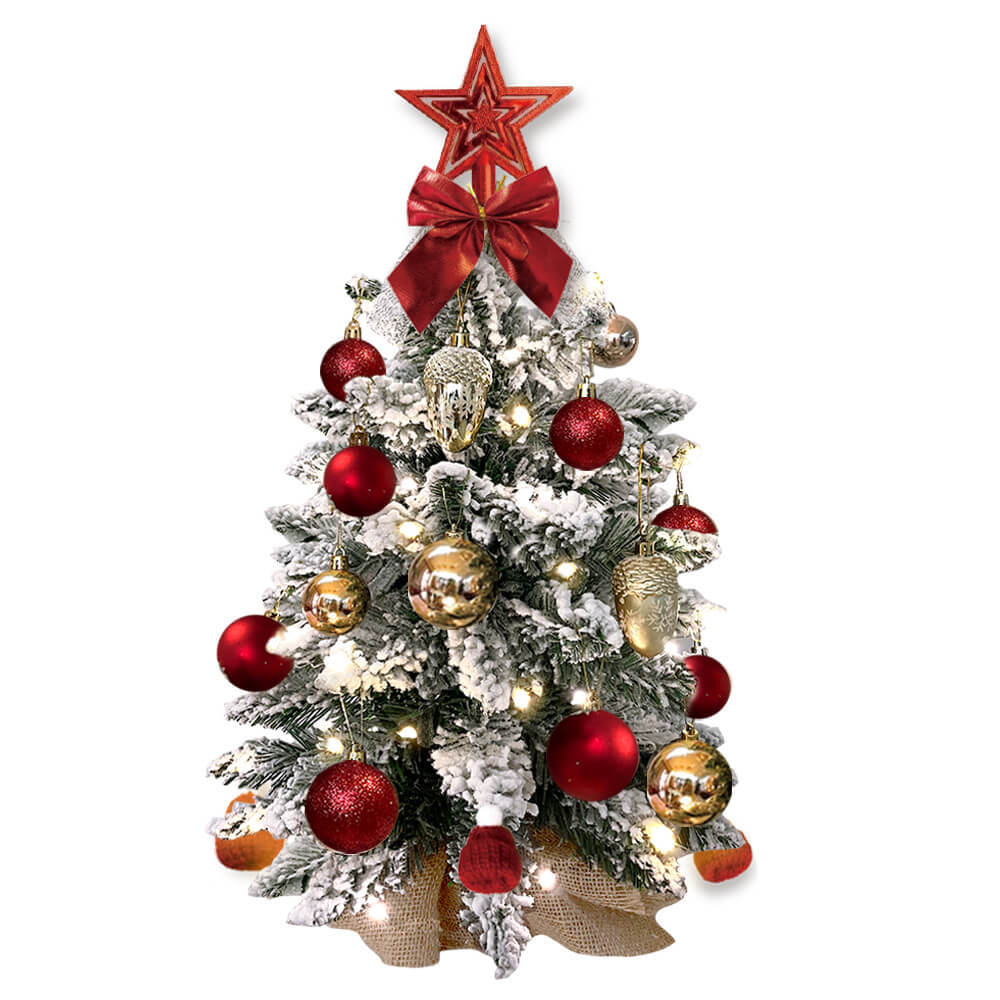 2ft Mini Christmas Tree With Lights, Flocked Snow, Exquisite Decor & Ornaments - FRPURE