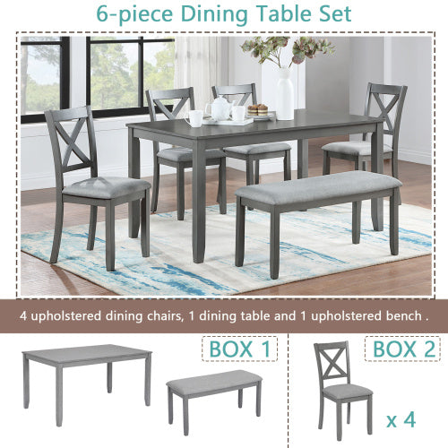 6 Piece Kitchen Dining Set, Rectangular Wooden Dining Table With 4 Upholstered Chairs And A Bench