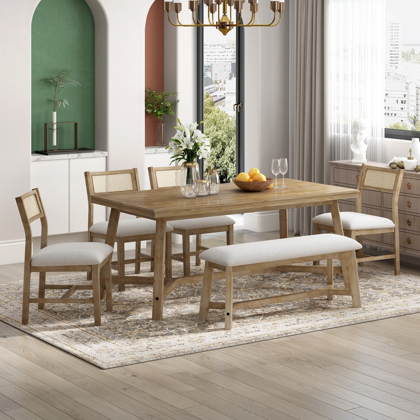 TREXM 6-Piece Retro Farmhouse Dining Set – Rectangular Wood Table, 4 Upholstered Chairs & Rattan Bench | Kitchen & Dining Room Furniture | FRPURE