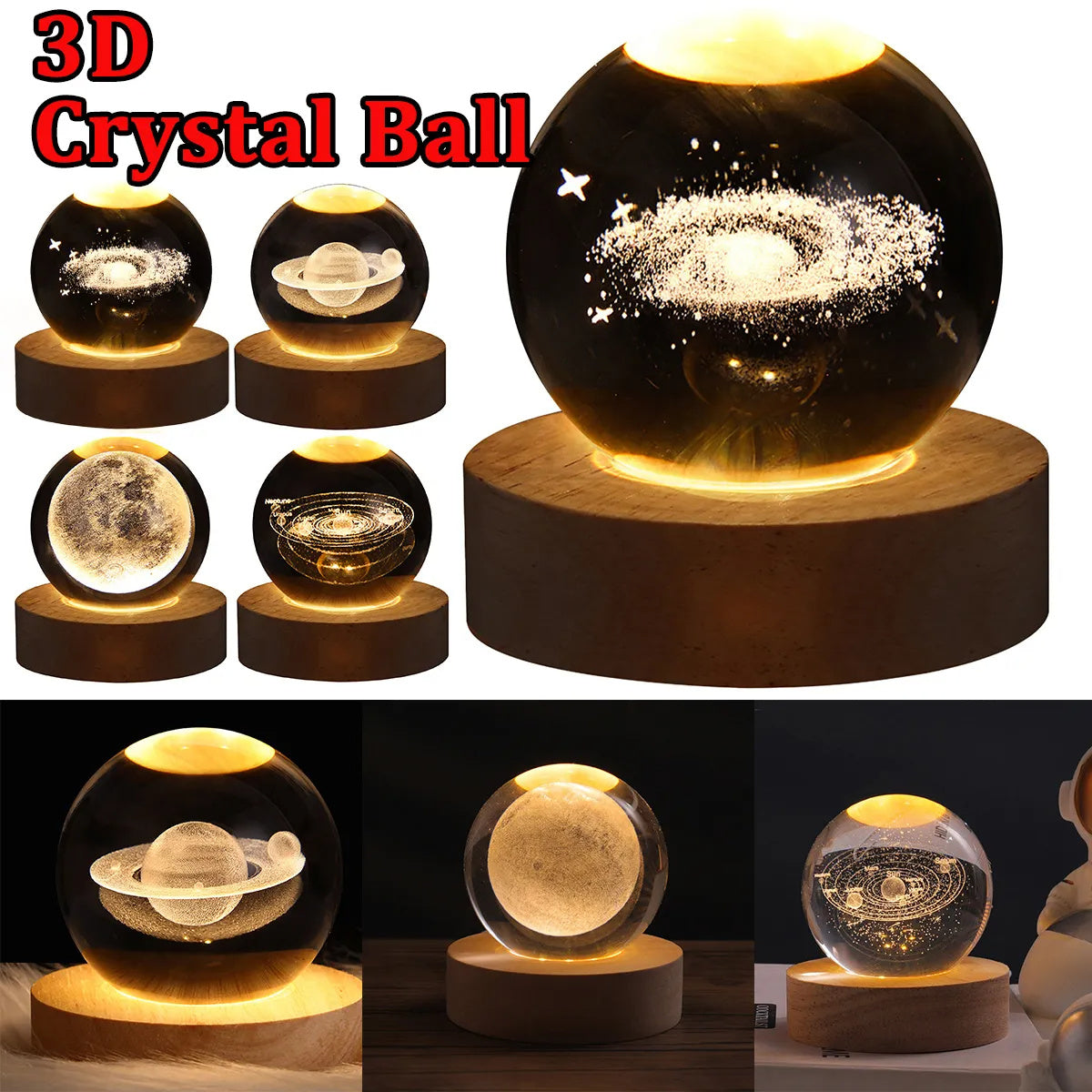 3D Galaxy Crystal Ball LED Table Lamp – Planet & Moon Night Light - FRPURE
