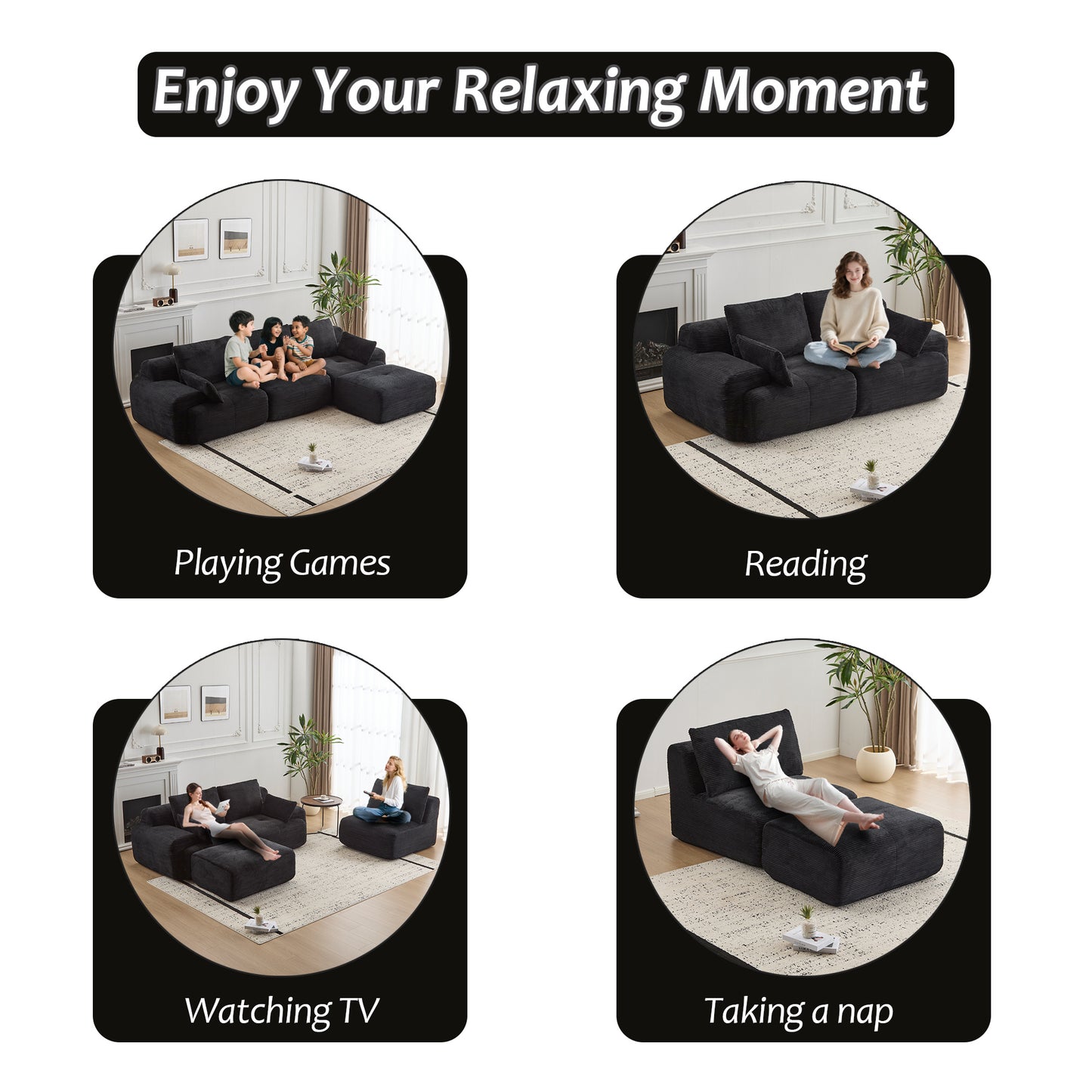 Black Large Cloud Modular Sectional Sofa Extra Deep Loveseat,No Assembly Required