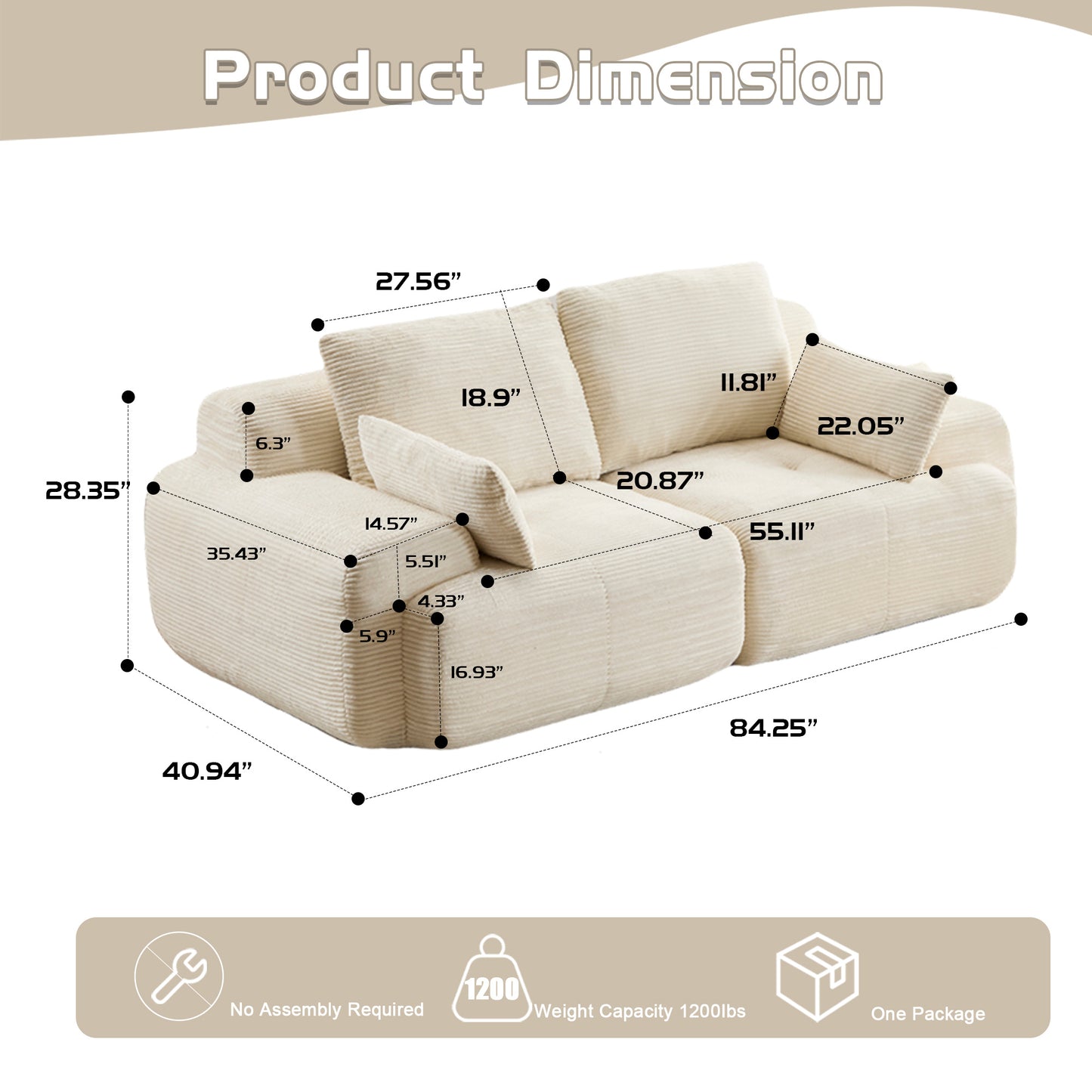 Beige Cloud Modular Sectional Sofa No Assembly Required