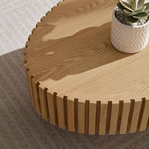 Modern Handmade Drum Coffee Table – 43.7” Oval Coffee Table with Sturdy Pedestal Base, Natural Ash MDF