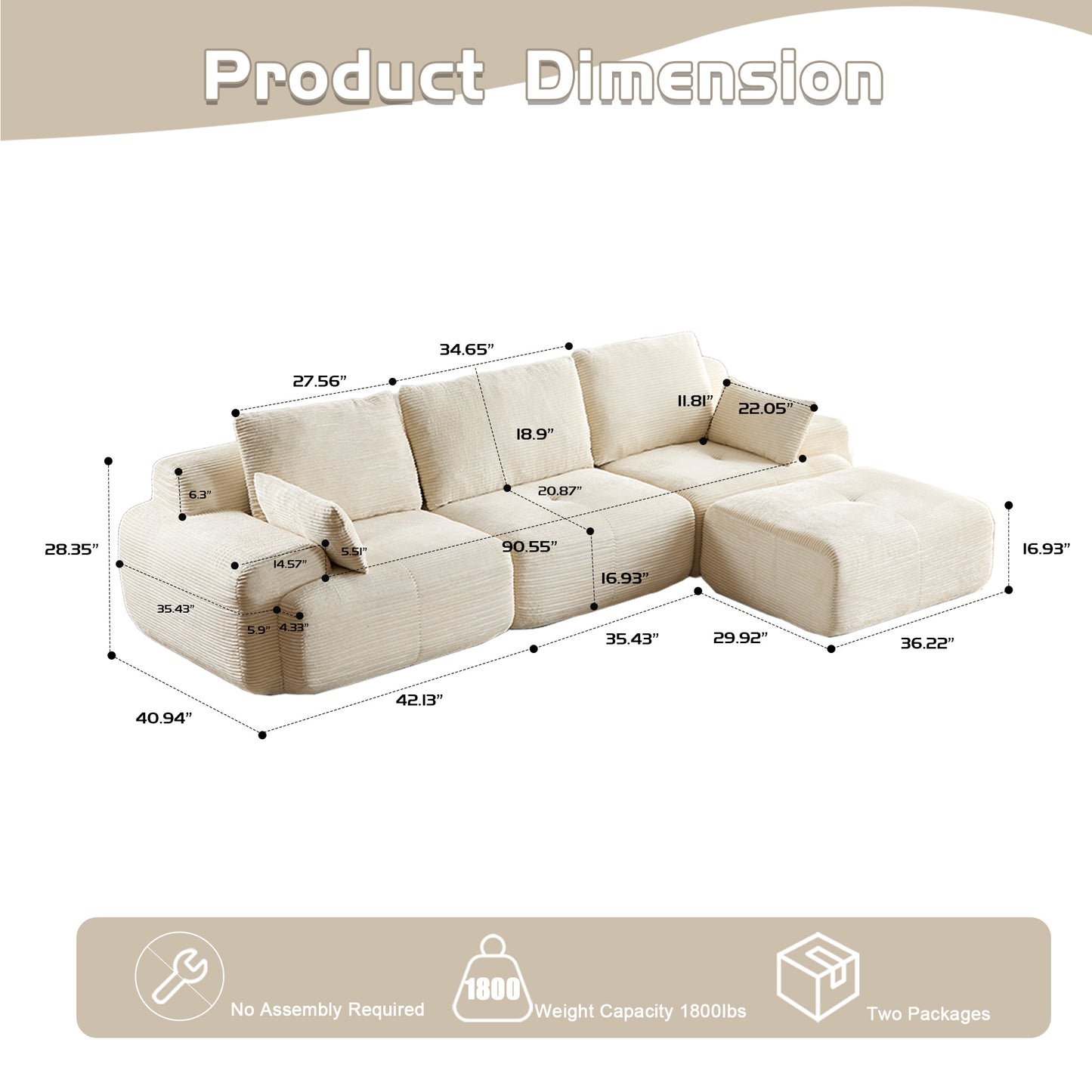 Beige Large Cloud Modular Sectional SofaExtra Deep Loveseat No Assembly Require