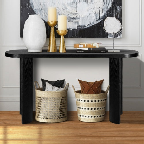 60” Thick Oval Entryway Table with Curved Legs – Reversible Leg Design, Modern Black Console Table for Living Room, Hallway & Behind Sofa | FRPURE