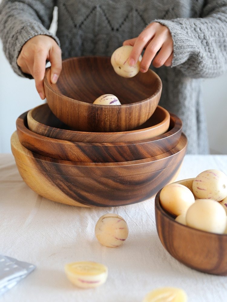 Natural Wooden Bowl – Fruit & Salad Bowl for Home or Restaurant - FRPURE