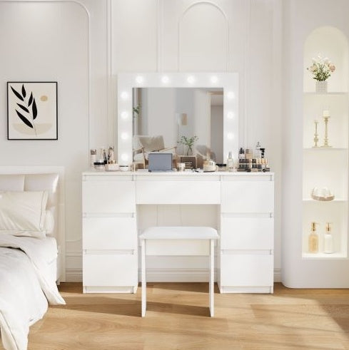Elegant Large White Dressing Table with Illuminated Mirror & Storage - FRPURE