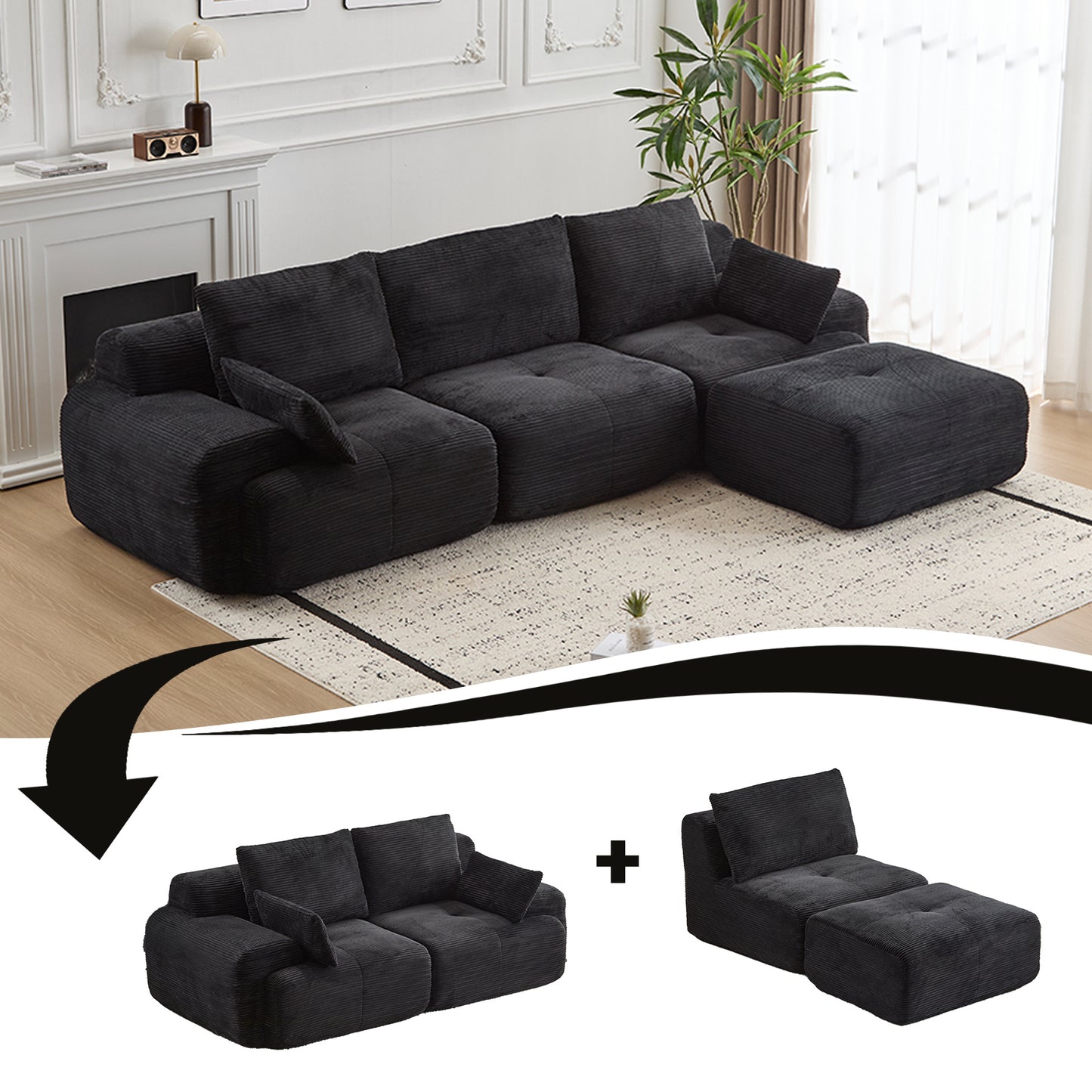 Black Large Cloud Modular Sectional Sofa Extra Deep Loveseat,No Assembly Required