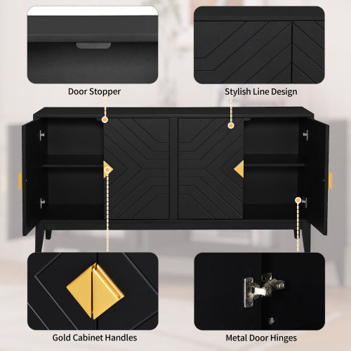 4-door Sideboard Storage Cabinet Two Large Cabinets With Gold Handle And Adjustable Shelves, Black
