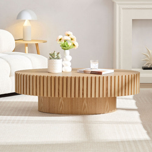 Modern Handmade Drum Coffee Table – 43.7” Oval Coffee Table with Sturdy Pedestal Base, Natural Ash MDF