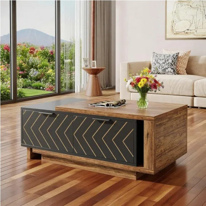 Modern Wood & Black Geometric Coffee Table with Storage | Stylish Living Room Centerpiece
