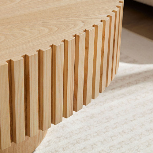 Modern Handmade Drum Coffee Table – 43.7” Oval Coffee Table with Sturdy Pedestal Base, Natural Ash MDF