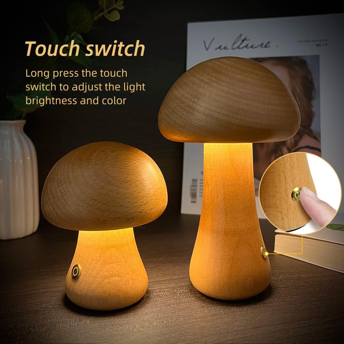Wooden Mushroom LED Night Light – Touch Switch Lamp - FRPURE