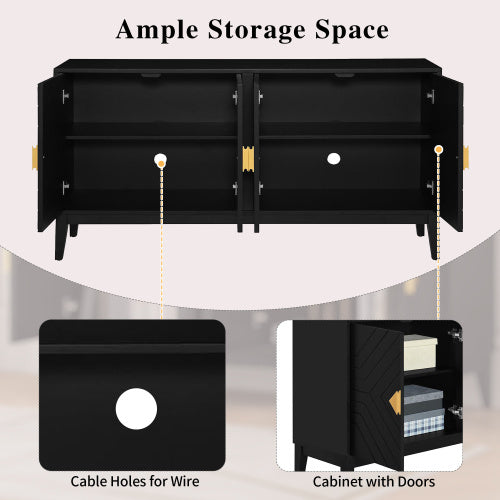 4-door Sideboard Storage Cabinet Two Large Cabinets With Gold Handle And Adjustable Shelves, Black