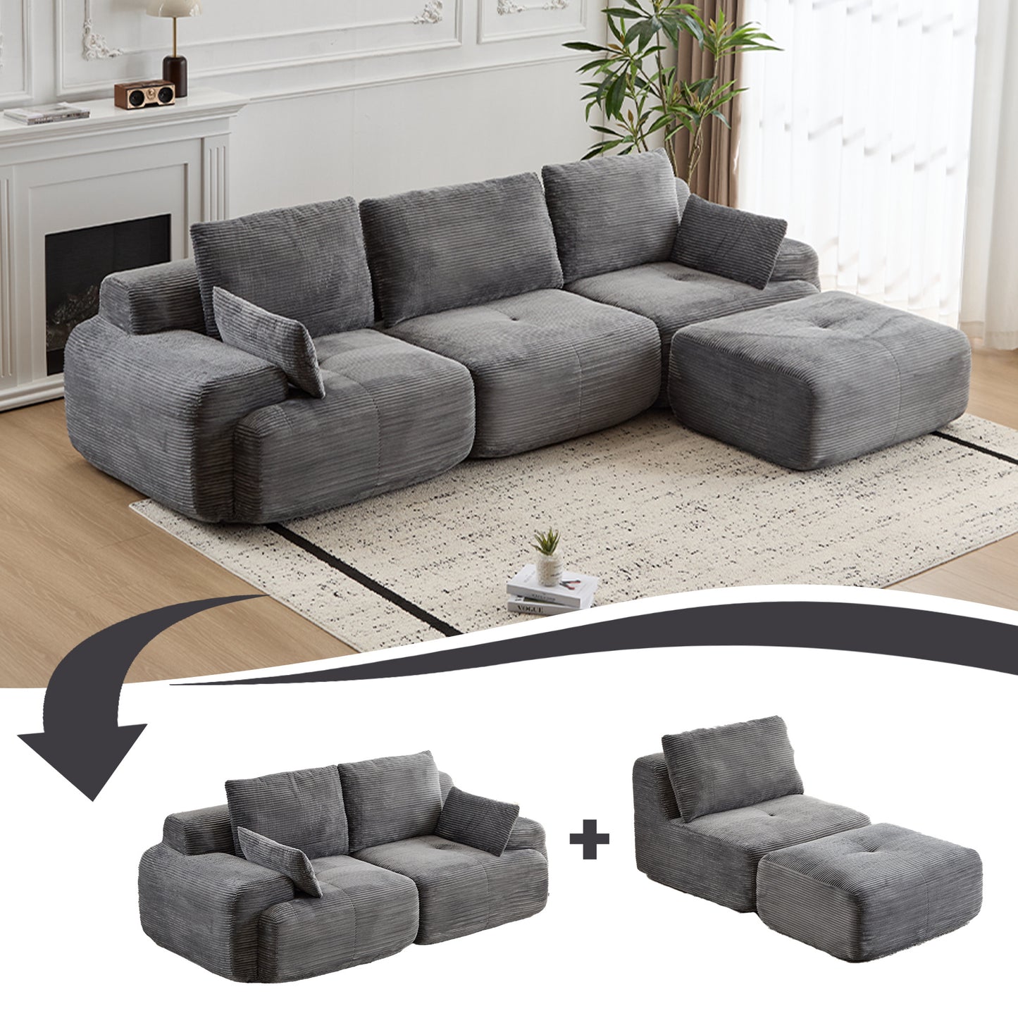 Grey Cloud Modular Sectional SofaExtra Deep Loveseat,No Assembly Required