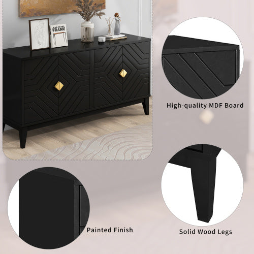 4-door Sideboard Storage Cabinet Two Large Cabinets With Gold Handle And Adjustable Shelves, Black