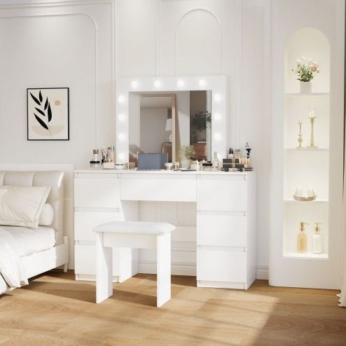 Elegant Large White Dressing Table with Illuminated Mirror & Storage - FRPURE