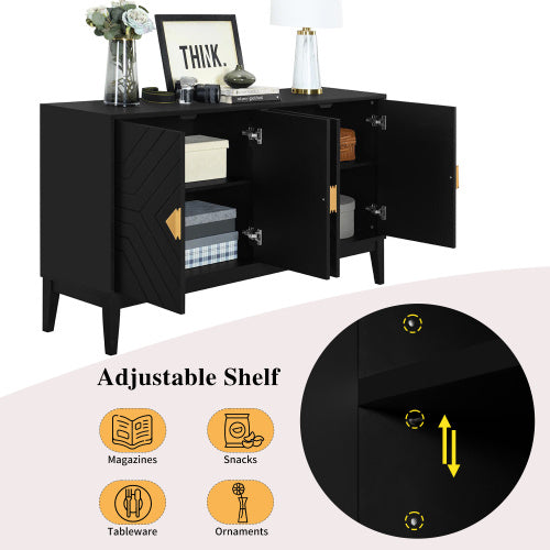 4-door Sideboard Storage Cabinet Two Large Cabinets With Gold Handle And Adjustable Shelves, Black