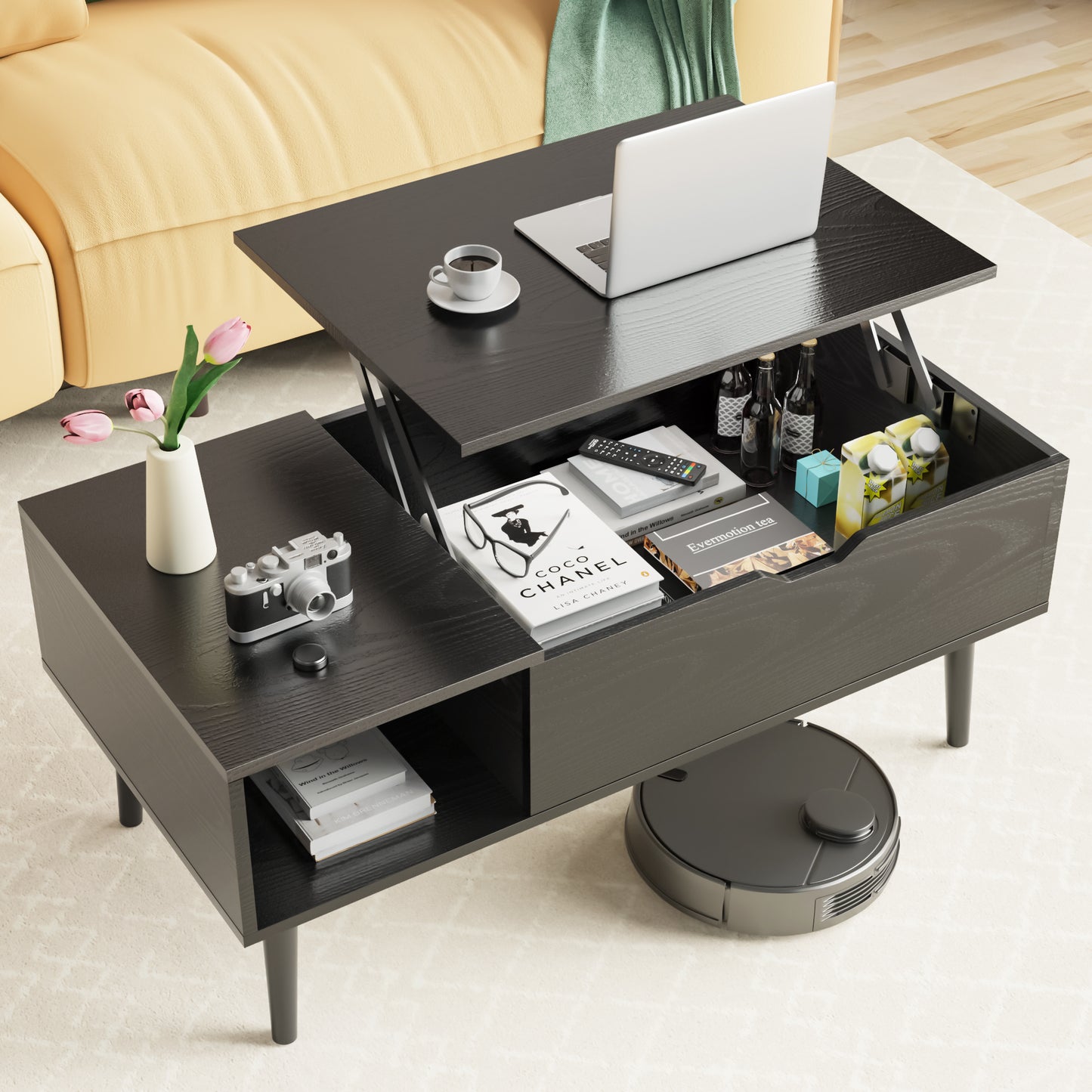 Lift-Top Coffee Table with Hidden Storage – Modern Living Room Table with Adjustable Workspace, Side Shelves & Solid Steel Mechanism (Black or Brown) | FRPURE