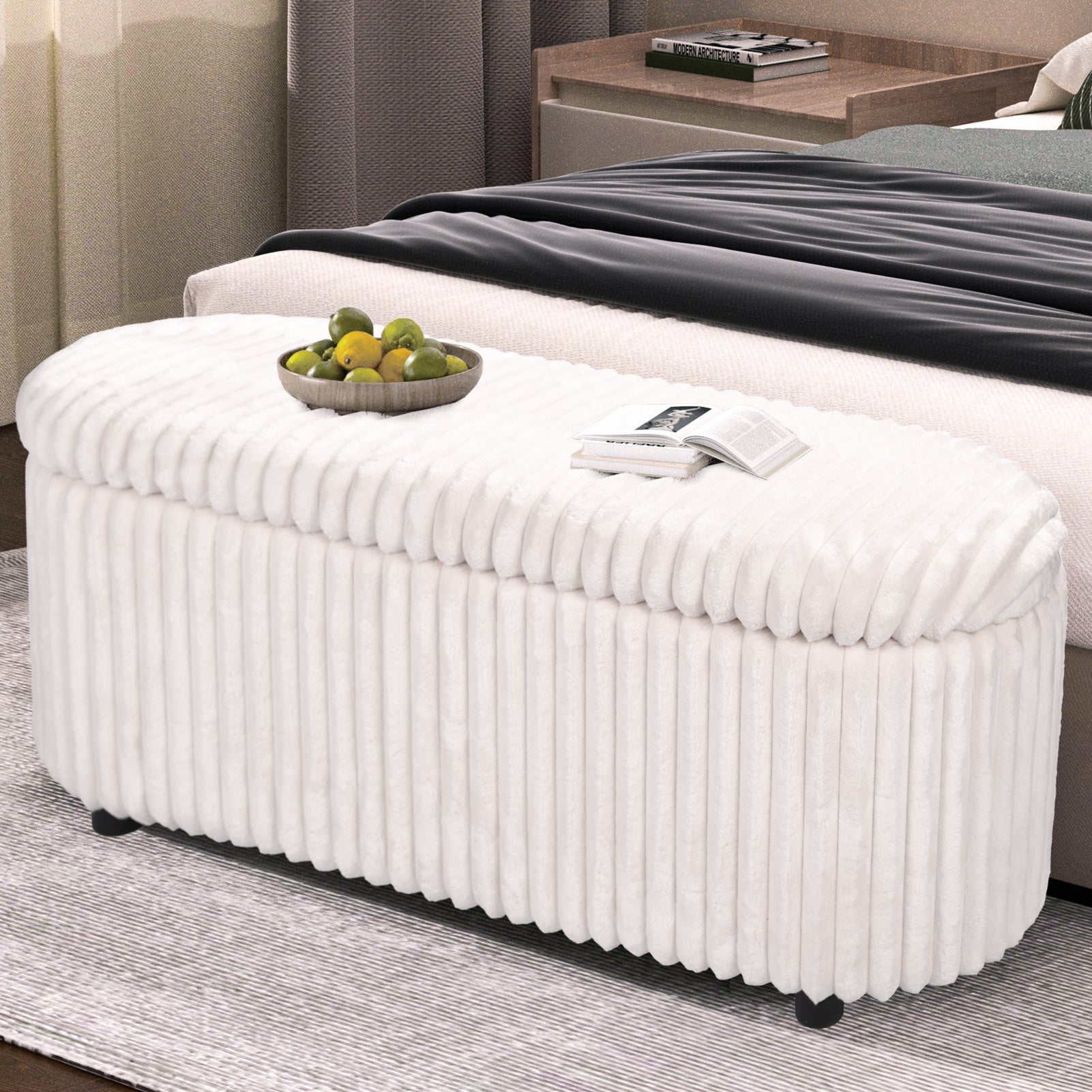 Cozy Linen Upholstered Storage Bench for Bedroom or Living Room - FRPURE