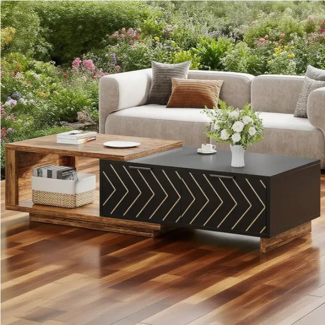 Modern Wood & Black Geometric Coffee Table with Storage | Stylish Living Room Centerpiece