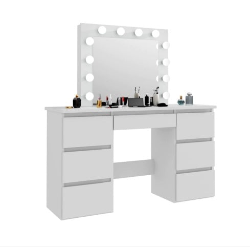 Elegant Large White Dressing Table with Illuminated Mirror & Storage - FRPURE