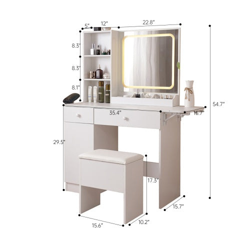 White Vanity Desk with Lighted Mirror & Power Outlet - FRPURE