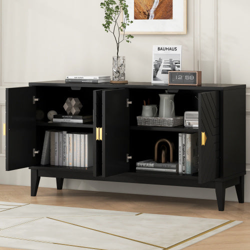 4-door Sideboard Storage Cabinet Two Large Cabinets With Gold Handle And Adjustable Shelves, Black