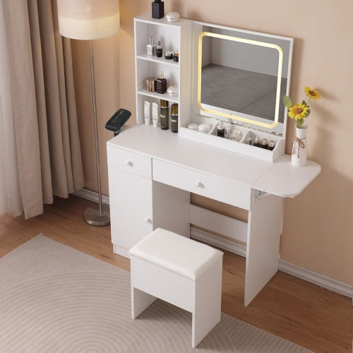 White Vanity Desk with Lighted Mirror & Power Outlet - FRPURE
