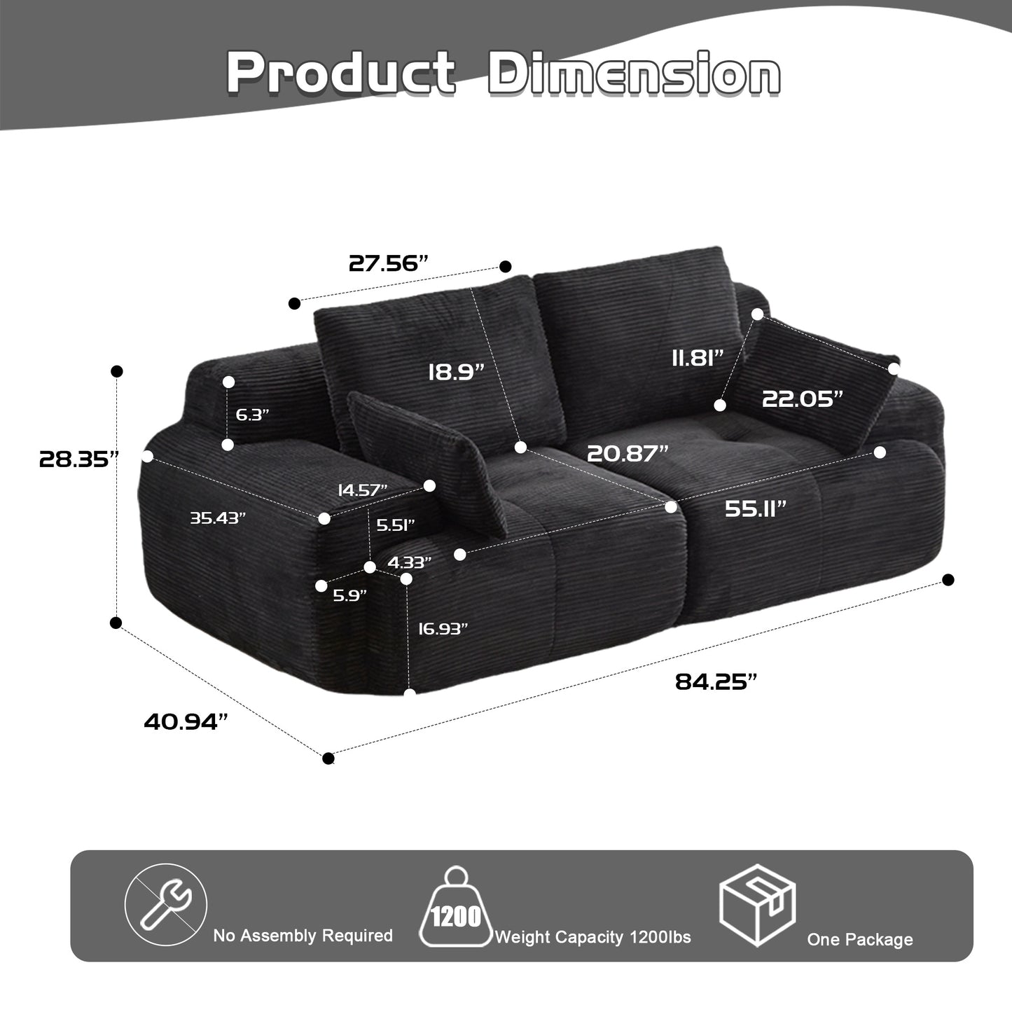 Black Cloud Modular Sectional Sofa Loveseat,No Assembly Required,