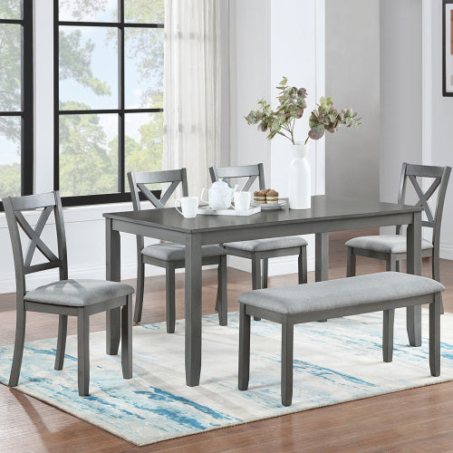 6 Piece Kitchen Dining Set, Rectangular Wooden Dining Table With 4 Upholstered Chairs And A Bench