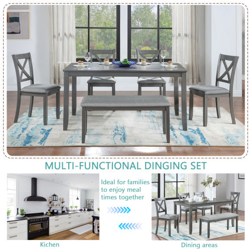 6 Piece Kitchen Dining Set, Rectangular Wooden Dining Table With 4 Upholstered Chairs And A Bench