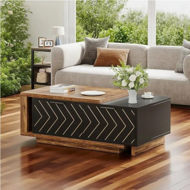 Modern Wood & Black Geometric Coffee Table with Storage | Stylish Living Room Centerpiece