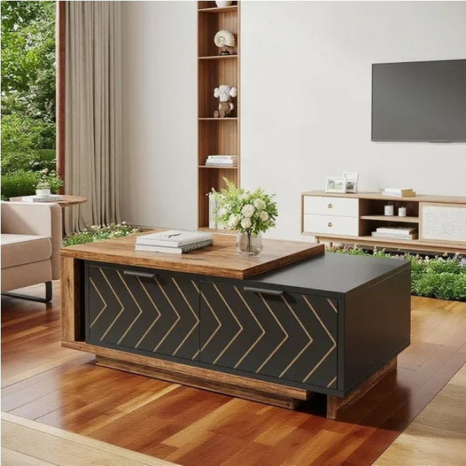 Modern Wood & Black Geometric Coffee Table with Storage | Stylish Living Room Centerpiece