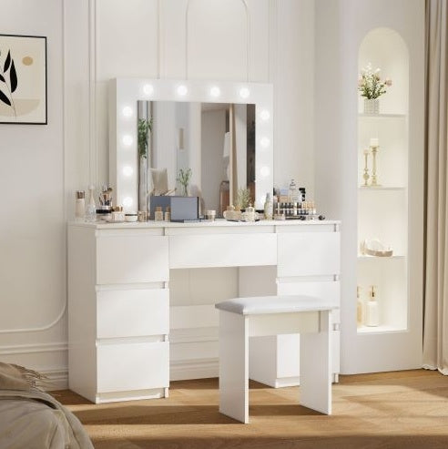 Elegant Large White Dressing Table with Illuminated Mirror & Storage - FRPURE