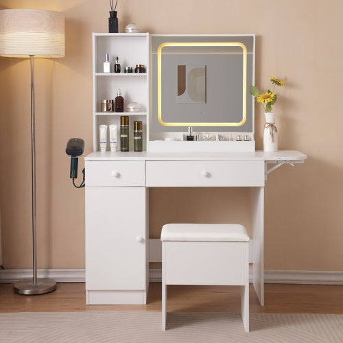 White Vanity Desk with Lighted Mirror & Power Outlet - FRPURE