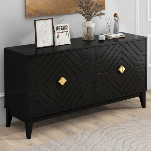 4-door Sideboard Storage Cabinet Two Large Cabinets With Gold Handle And Adjustable Shelves, Black