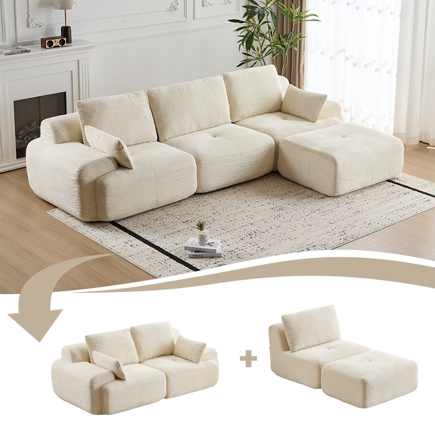 Beige Large Cloud Modular Sectional SofaExtra Deep Loveseat No Assembly Require