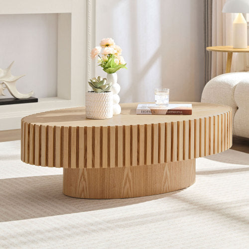 Modern Handmade Drum Coffee Table – 43.7” Oval Coffee Table with Sturdy Pedestal Base, Natural Ash MDF