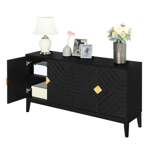4-door Sideboard Storage Cabinet Two Large Cabinets With Gold Handle And Adjustable Shelves, Black