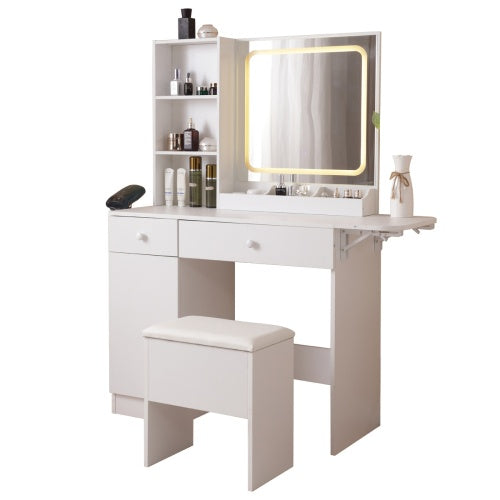 White Vanity Desk with Lighted Mirror & Power Outlet - FRPURE